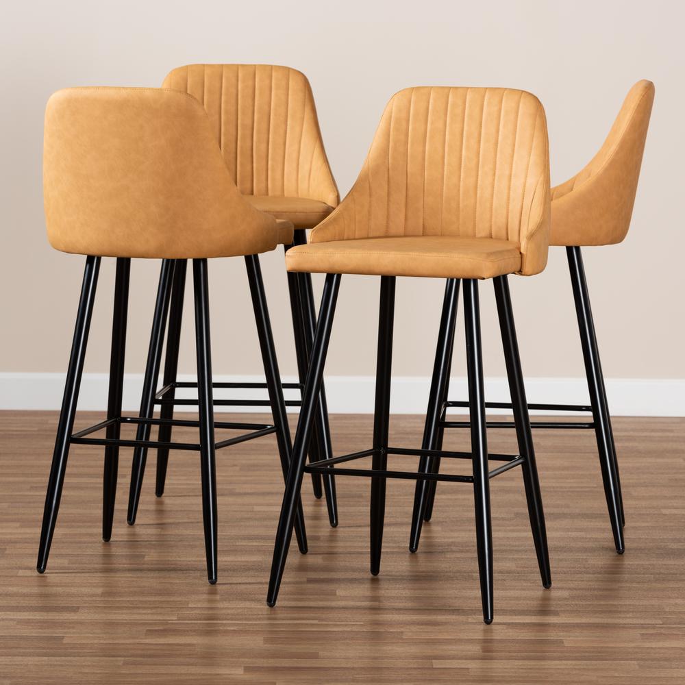 Walter Mid-Century Contemporary Tan Faux Leather Upholstered and Black Metal 4-Piece Bar Stool Set. Picture 7