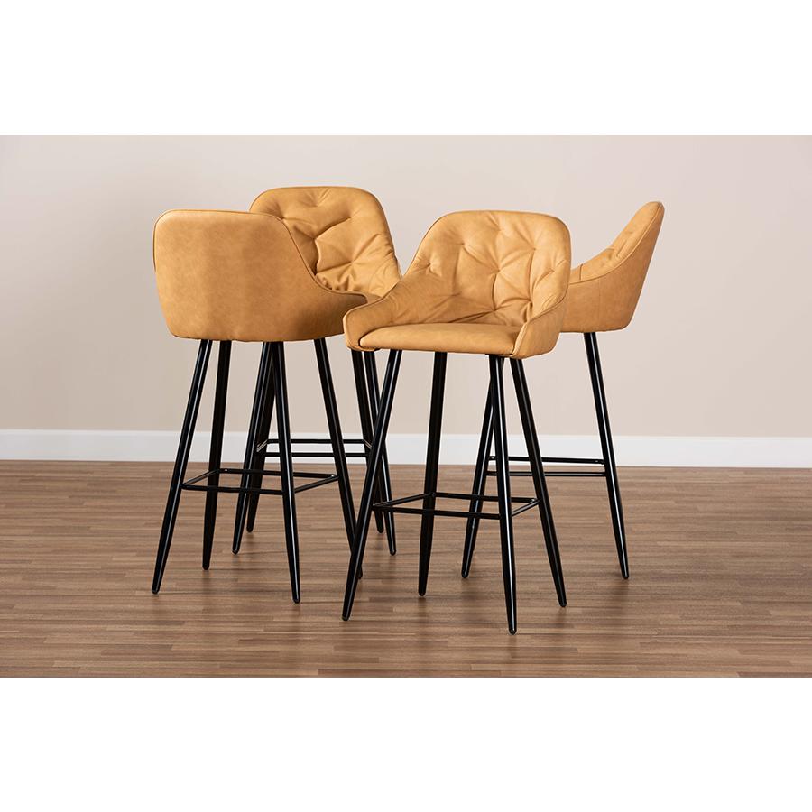 Catherine Modern and Contemporary Tan Faux Leather Upholstered and Black Metal 4-Piece Bar Stool Set. Picture 7