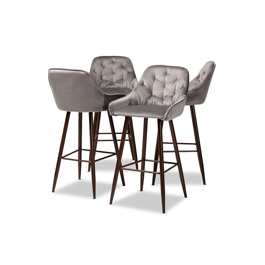 Catherine Modern and Contemporary Grey Velvet Fabric Upholstered and Walnut Finished 4-Piece Bar Stool Set. Picture 2