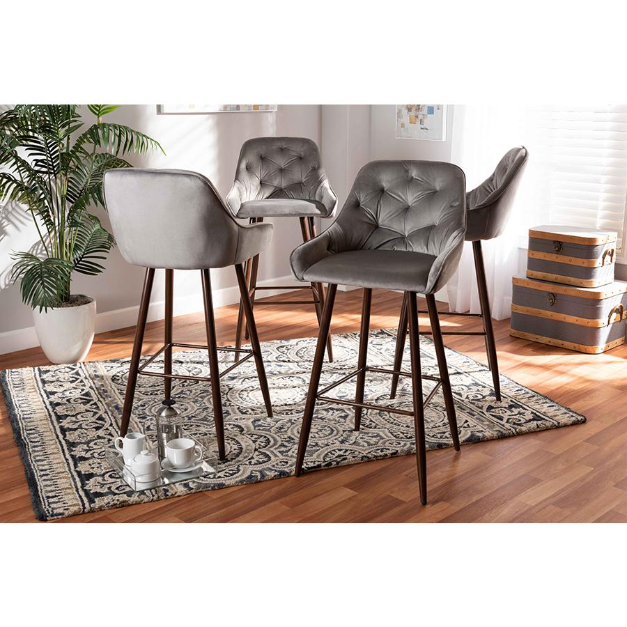 Catherine Modern and Contemporary Grey Velvet Fabric Upholstered and Walnut Finished 4-Piece Bar Stool Set. The main picture.