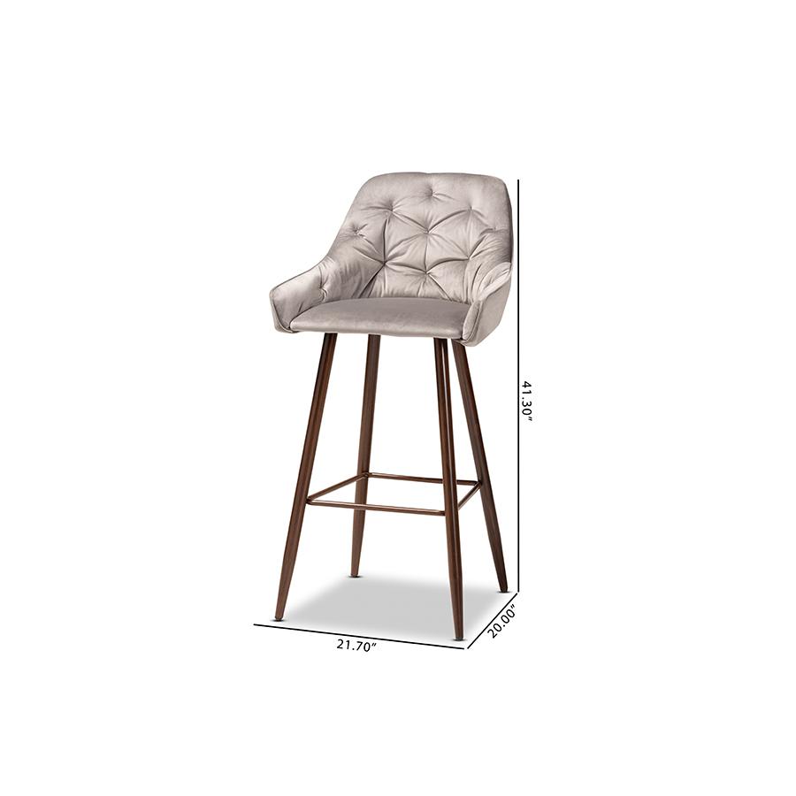 Catherine Modern and Contemporary Grey Velvet Fabric Upholstered and Walnut Finished 4-Piece Bar Stool Set. Picture 8