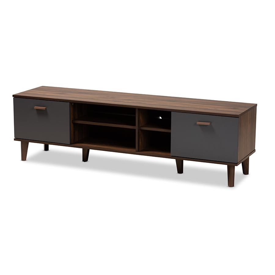 Moina Mid-Century Modern Two-Tone Walnut Brown and Grey Finished Wood TV Stand. Picture 1