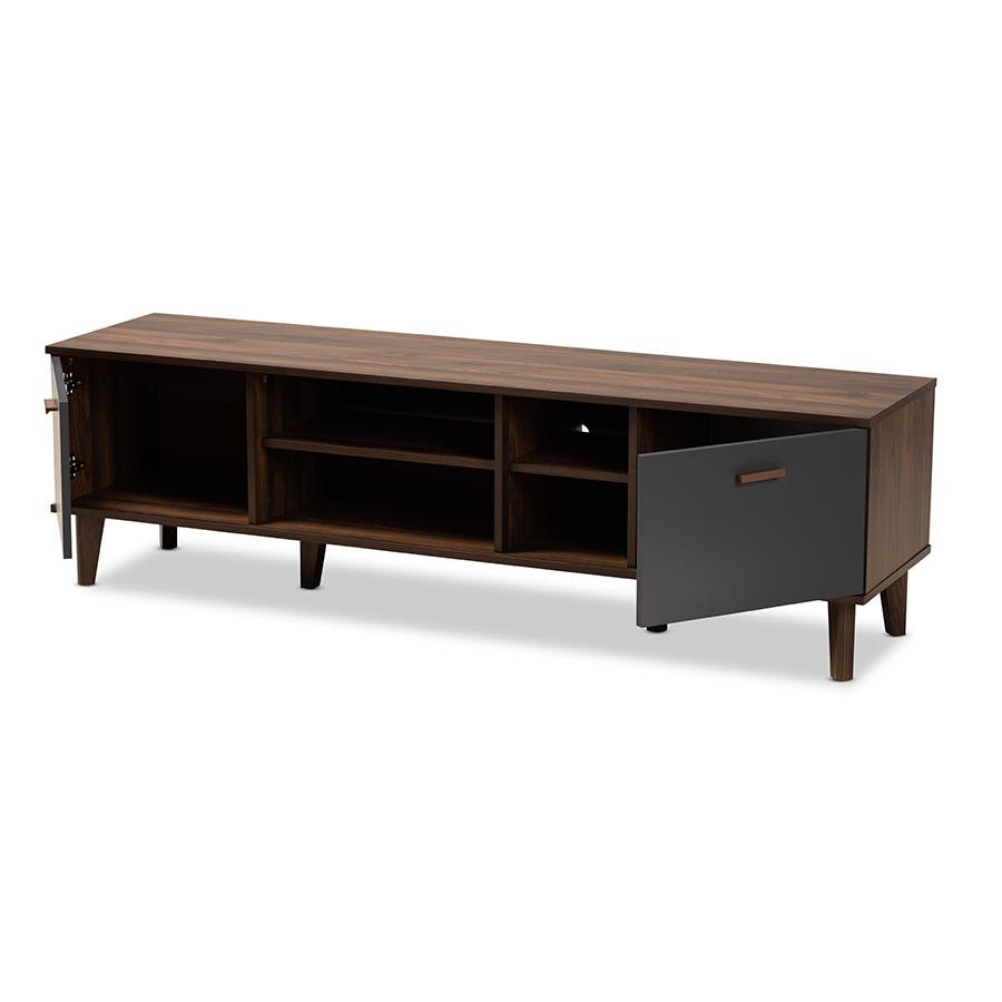 Moina Mid-Century Modern Two-Tone Walnut Brown and Grey Finished Wood TV Stand. Picture 2