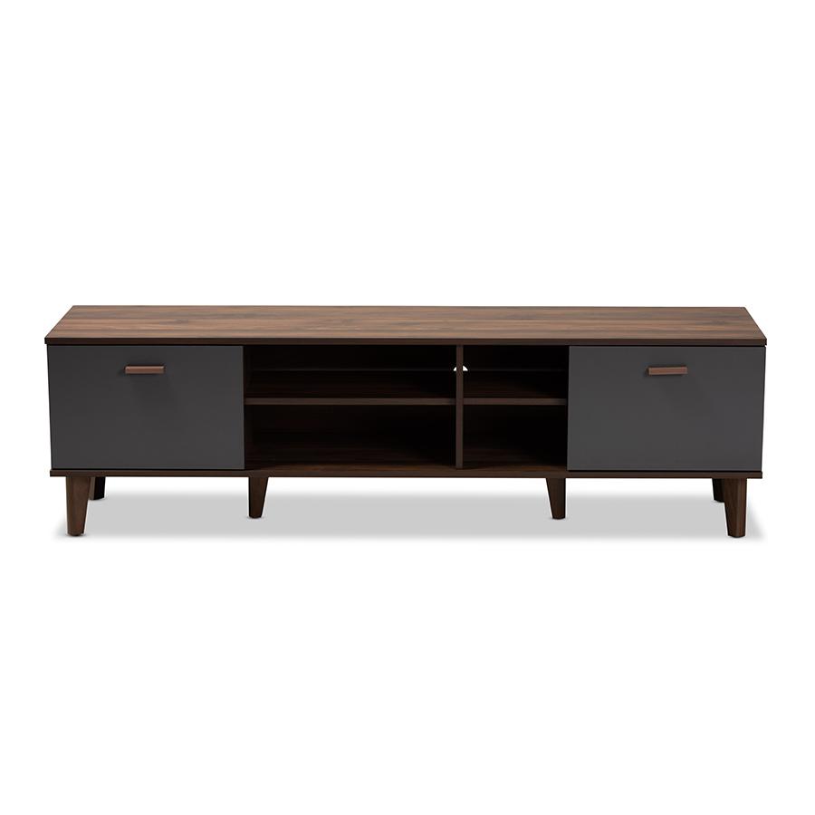 Moina Mid-Century Modern Two-Tone Walnut Brown and Grey Finished Wood TV Stand. Picture 3