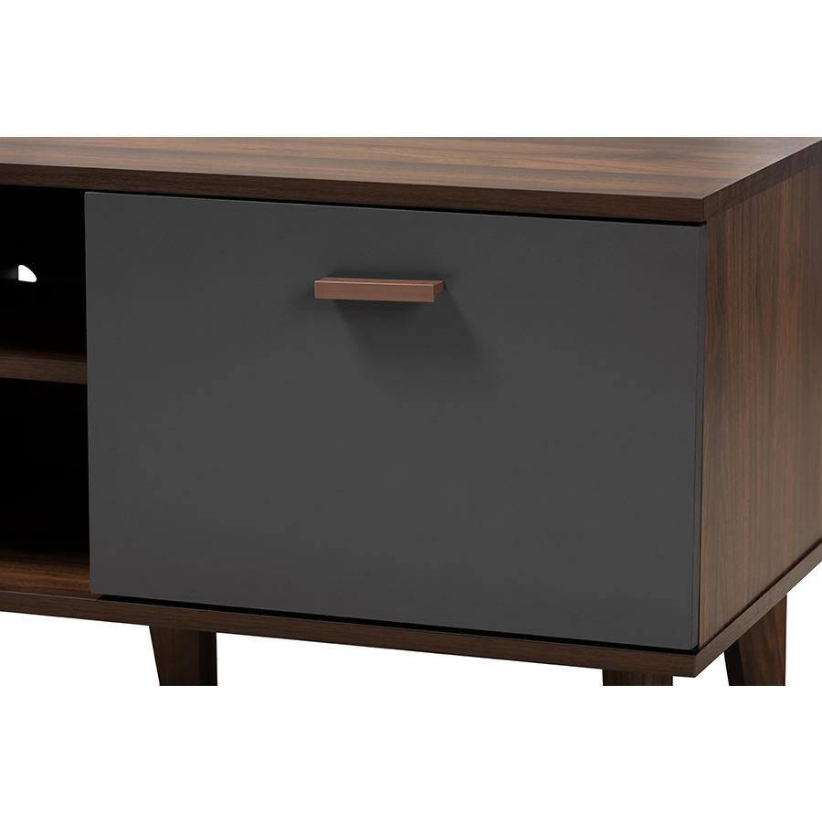 Moina Mid-Century Modern Two-Tone Walnut Brown and Grey Finished Wood TV Stand. Picture 5