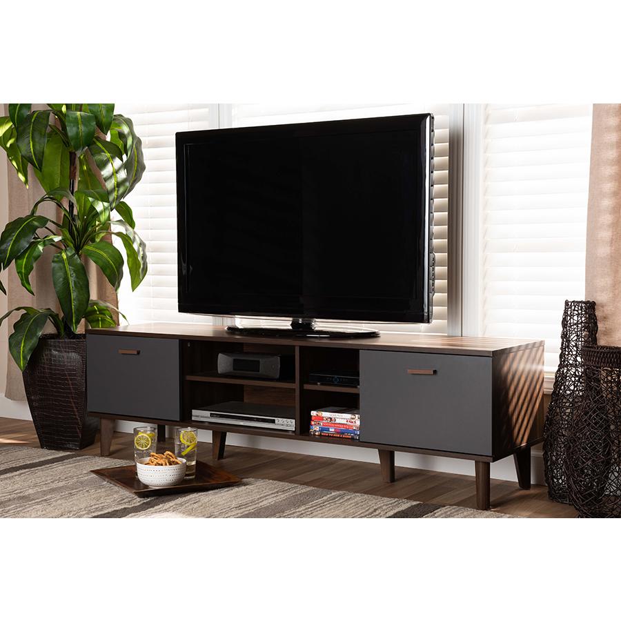 Moina Mid-Century Modern Two-Tone Walnut Brown and Grey Finished Wood TV Stand. Picture 7