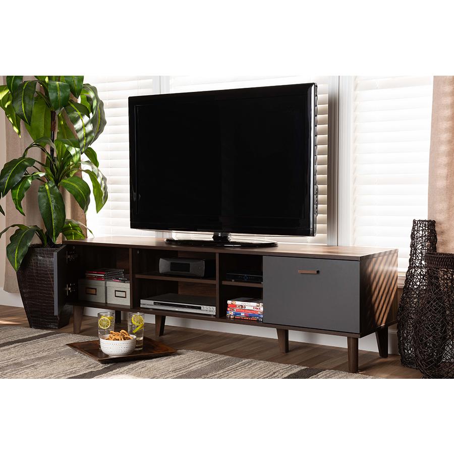 Moina Mid-Century Modern Two-Tone Walnut Brown and Grey Finished Wood TV Stand. Picture 8