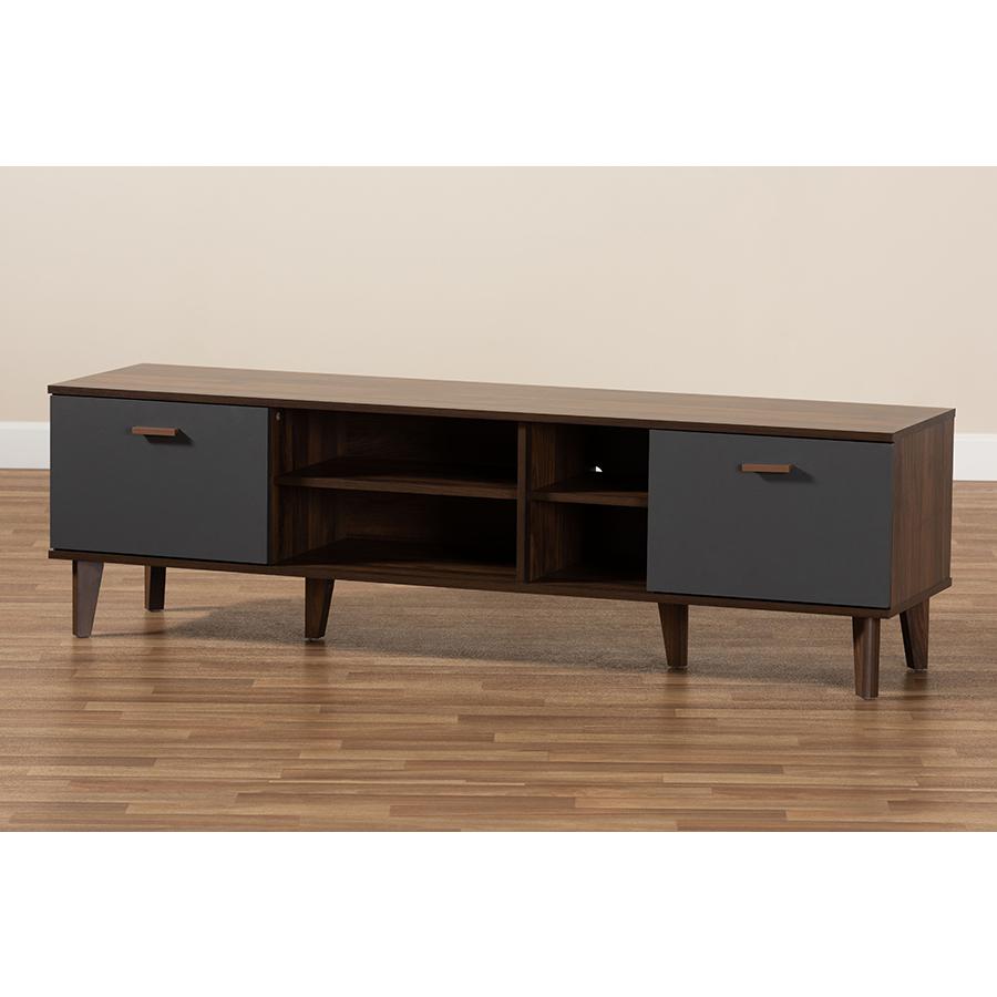 Moina Mid-Century Modern Two-Tone Walnut Brown and Grey Finished Wood TV Stand. Picture 9