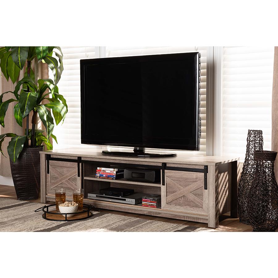 Bruna Modern and Contemporary Farmhouse WhiteWashed Oak Finished TV Stand. Picture 6