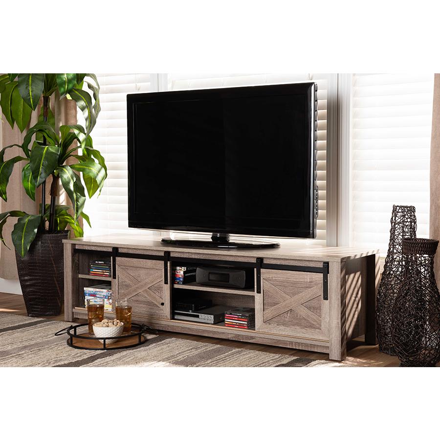Bruna Modern and Contemporary Farmhouse WhiteWashed Oak Finished TV Stand. Picture 7
