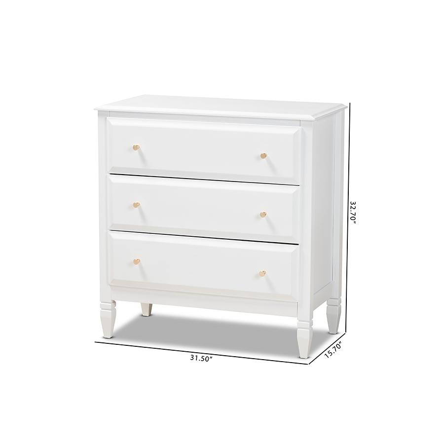 Naomi Classic and Transitional White Finished Wood 3-Drawer Bedroom Chest. Picture 9
