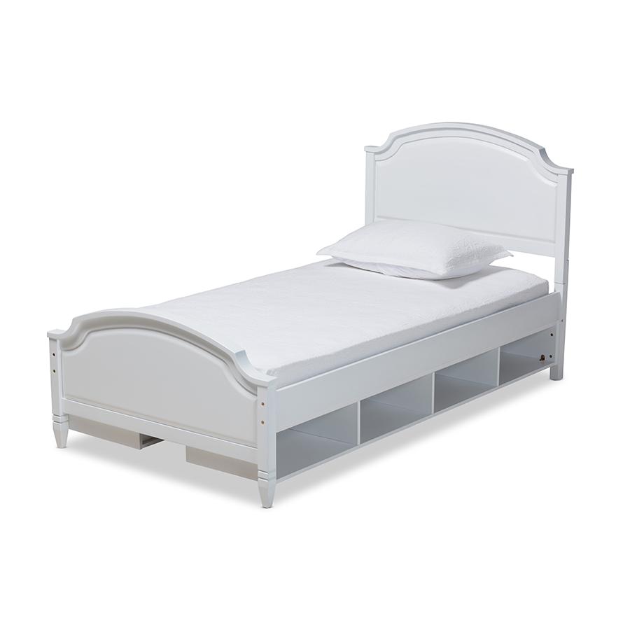 Traditional Transitional White Finished Wood Twin Size Storage Platform Bed. Picture 1