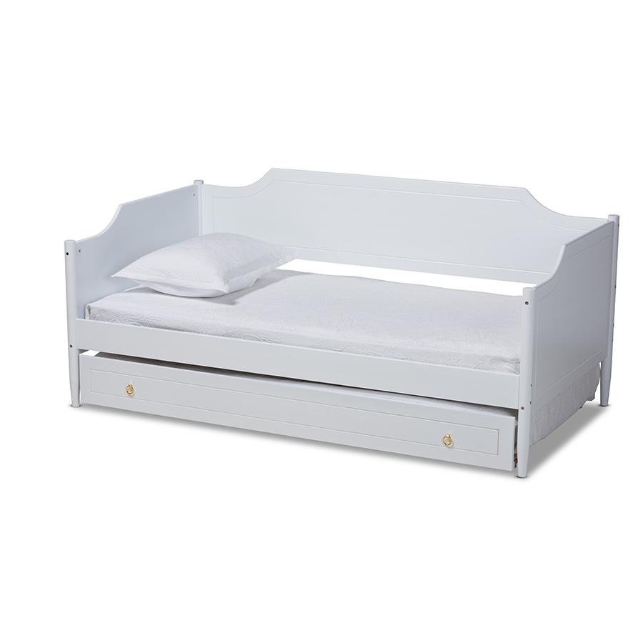 Farmhouse White Finished Wood Twin Size Daybed with Roll-Out Trundle Bed. Picture 1