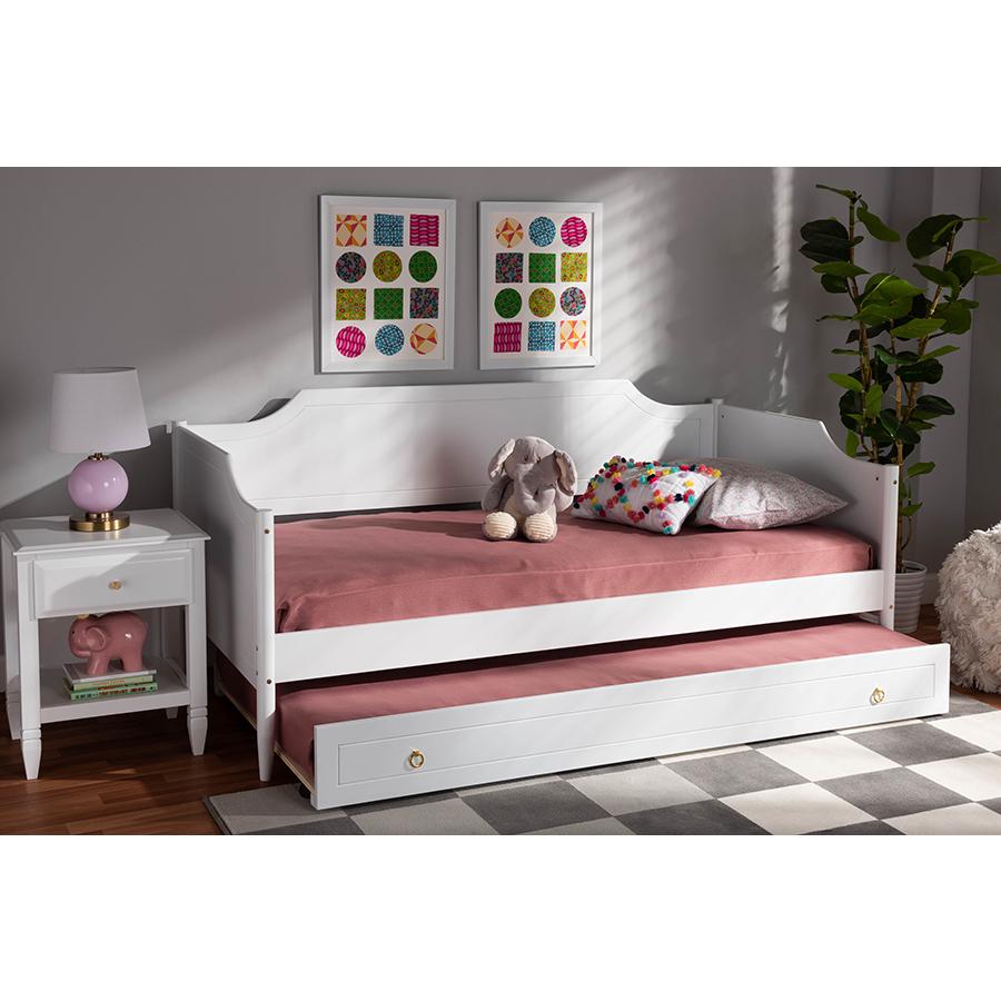 Farmhouse White Finished Wood Twin Size Daybed with Roll-Out Trundle Bed. Picture 10