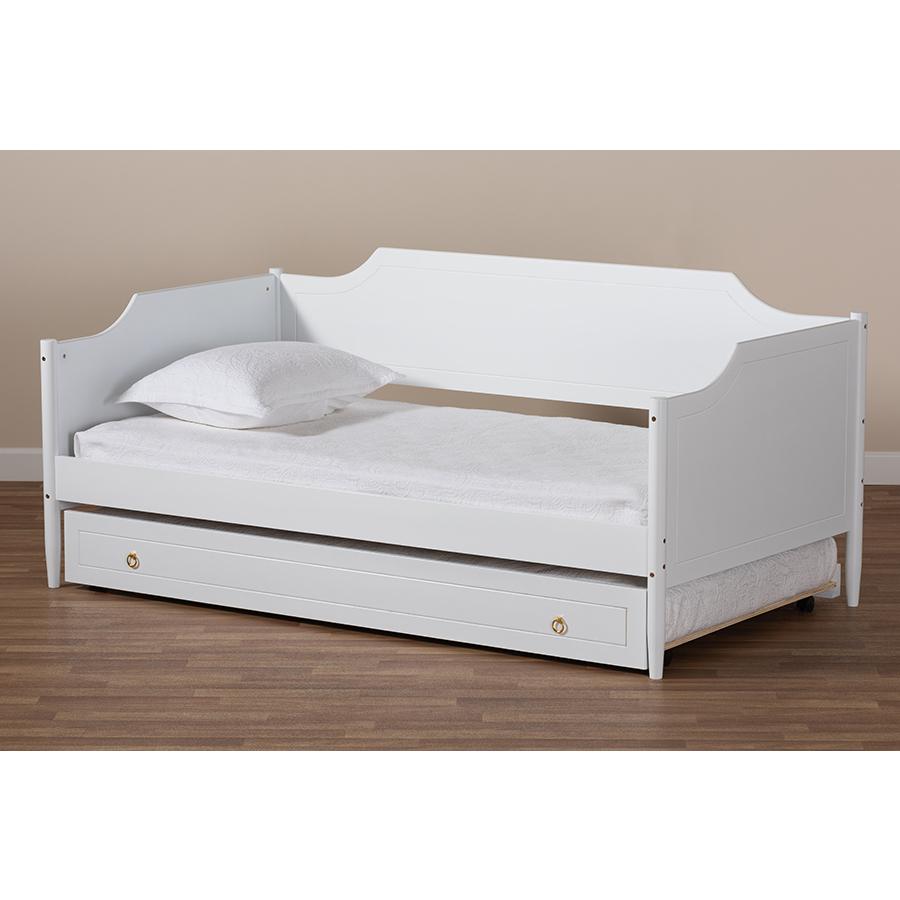 Farmhouse White Finished Wood Twin Size Daybed with Roll-Out Trundle Bed. Picture 11
