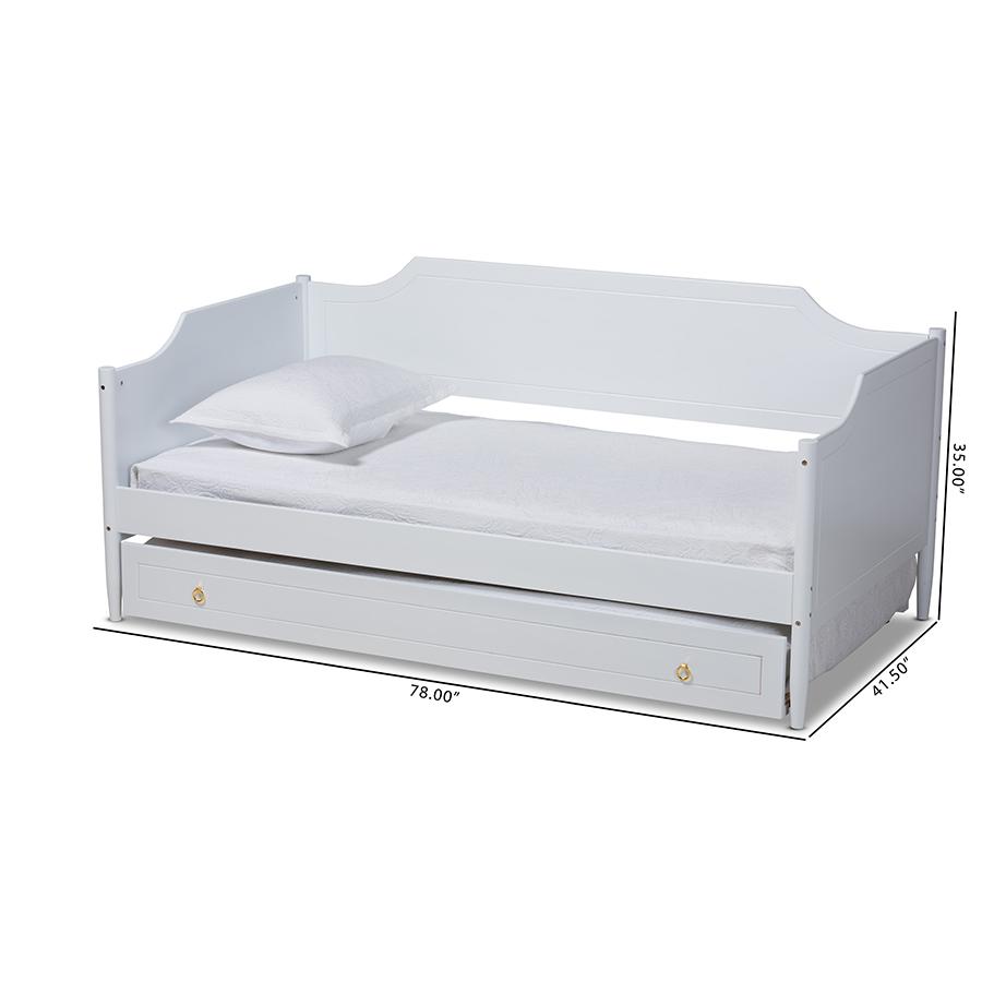 Farmhouse White Finished Wood Twin Size Daybed with Roll-Out Trundle Bed. Picture 12