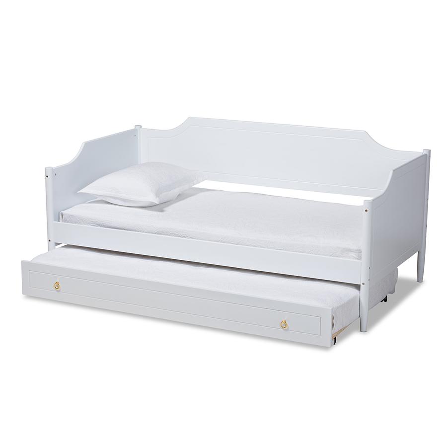 Farmhouse White Finished Wood Twin Size Daybed with Roll-Out Trundle Bed. Picture 2