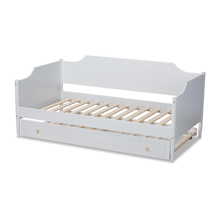 Farmhouse White Finished Wood Twin Size Daybed with Roll-Out Trundle Bed. Picture 4