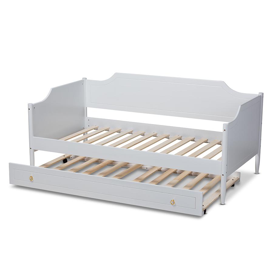 Farmhouse White Finished Wood Twin Size Daybed with Roll-Out Trundle Bed. Picture 5