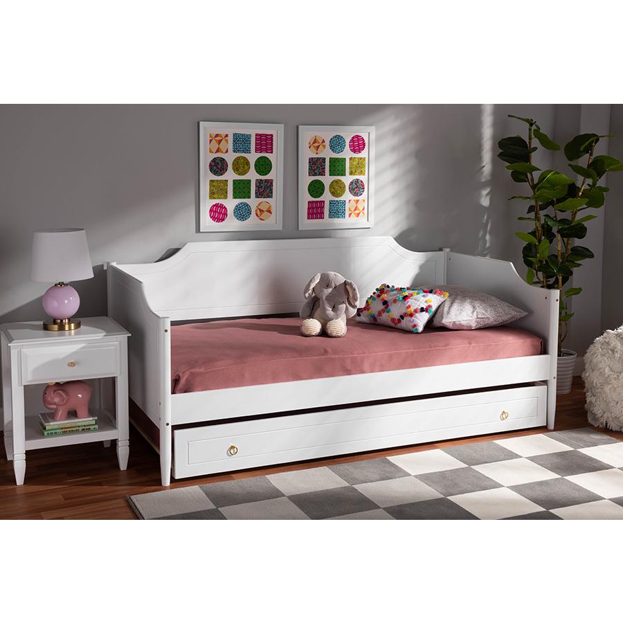 Farmhouse White Finished Wood Twin Size Daybed with Roll-Out Trundle Bed. Picture 9
