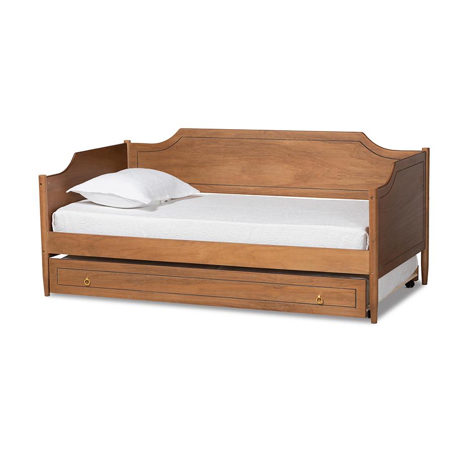 Farmhouse Walnut Brown Finished Wood Twin Size Daybed with Roll-Out Trundle Bed. Picture 1