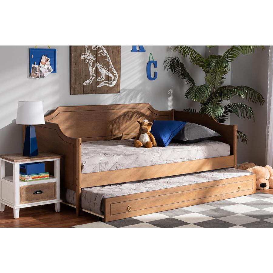 Farmhouse Walnut Brown Finished Wood Twin Size Daybed with Roll-Out Trundle Bed. Picture 10