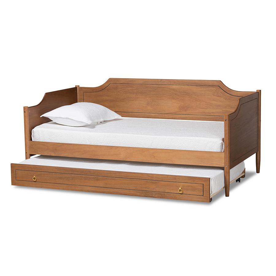 Farmhouse Walnut Brown Finished Wood Twin Size Daybed with Roll-Out Trundle Bed. Picture 2