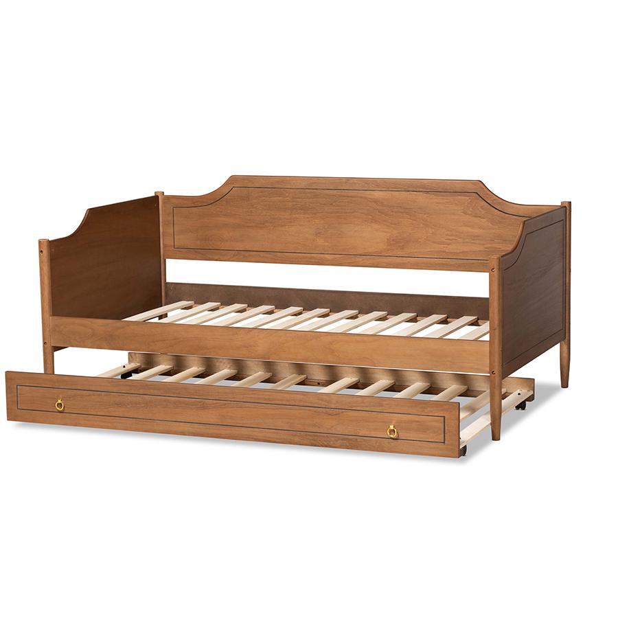 Farmhouse Walnut Brown Finished Wood Twin Size Daybed with Roll-Out Trundle Bed. Picture 5