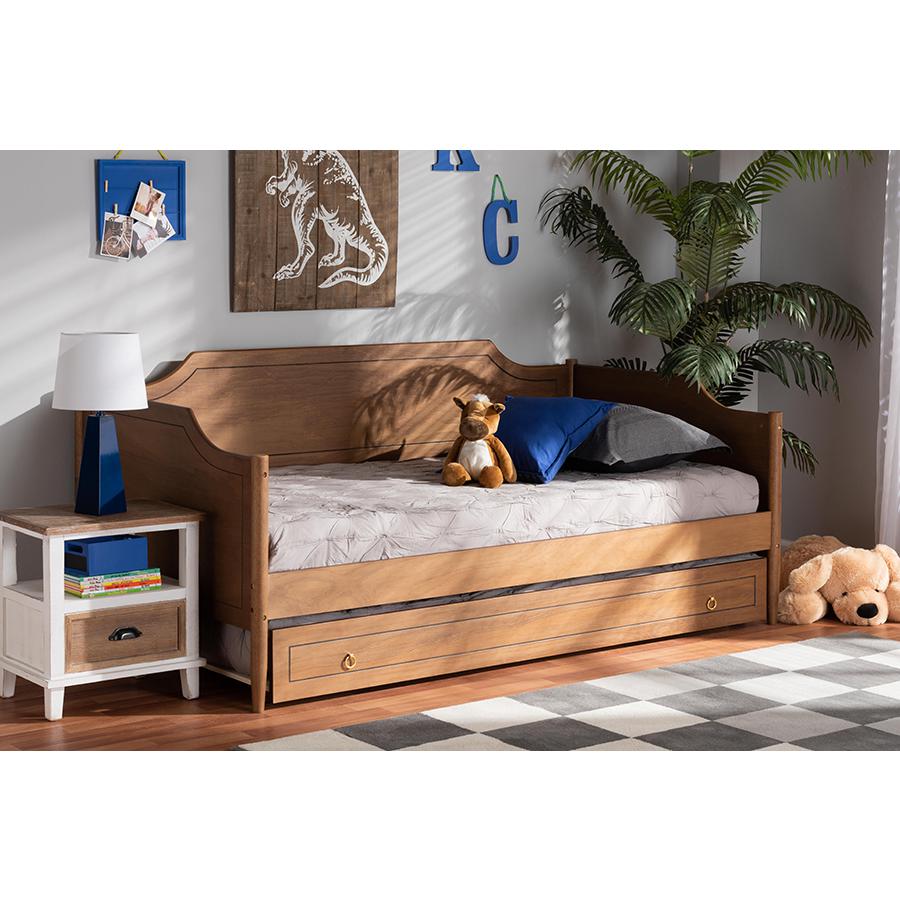 Farmhouse Walnut Brown Finished Wood Twin Size Daybed with Roll-Out Trundle Bed. Picture 9