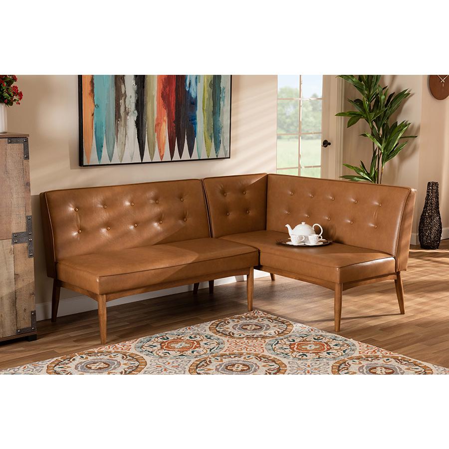 Leather Upholstered Walnut Brown Finished 2-Piece Wood Dining Nook Banquette Set. Picture 6