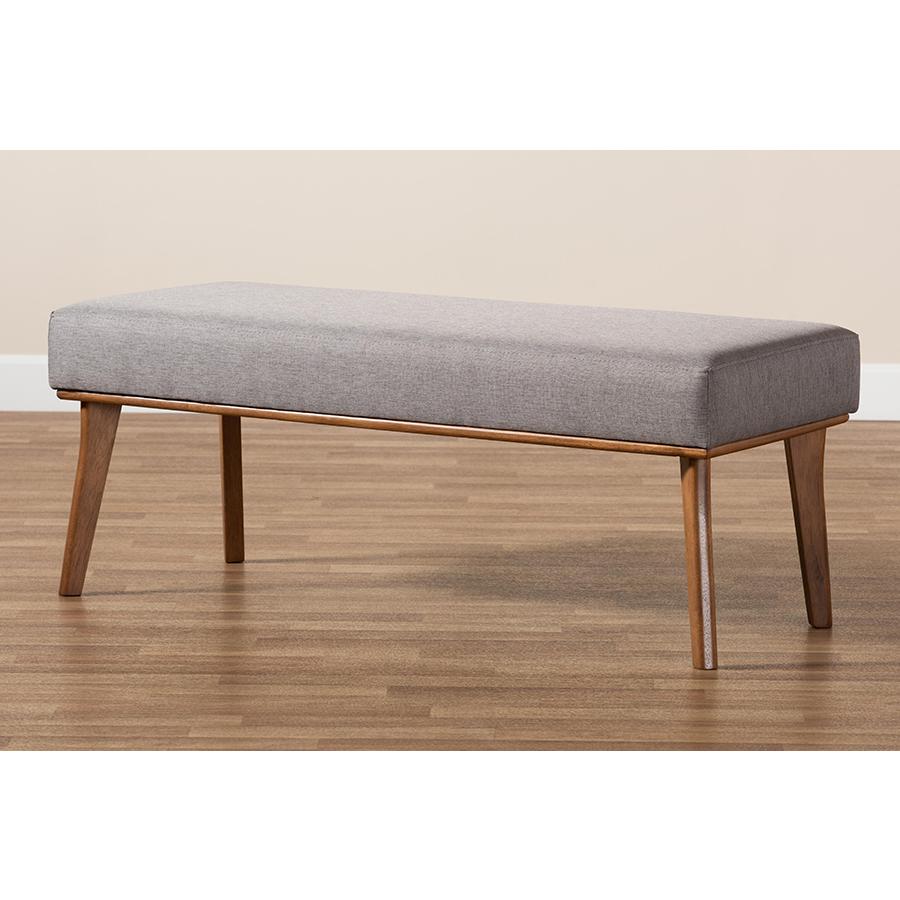 Grey Fabric Upholstered and Walnut Brown Finished Wood Dining Bench. Picture 6