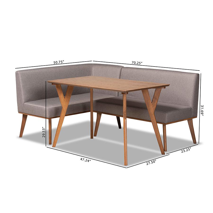 Grey Fabric Upholstered and Walnut Brown Finished Wood 3-Piece Dining Nook Set. Picture 10