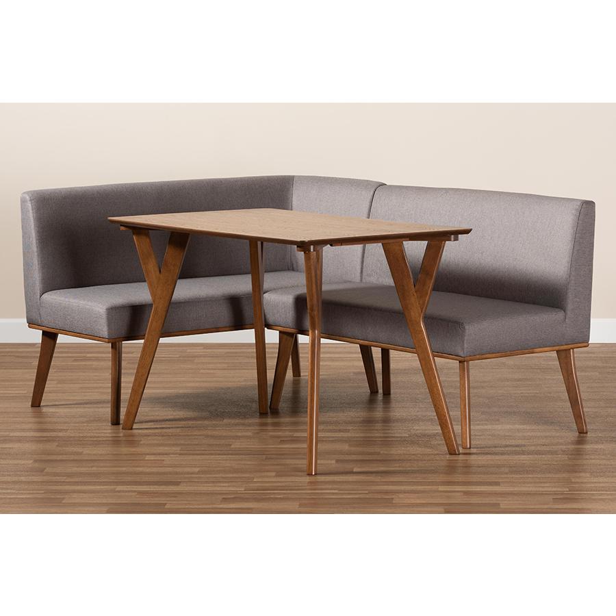 Grey Fabric Upholstered and Walnut Brown Finished Wood 3-Piece Dining Nook Set. Picture 9