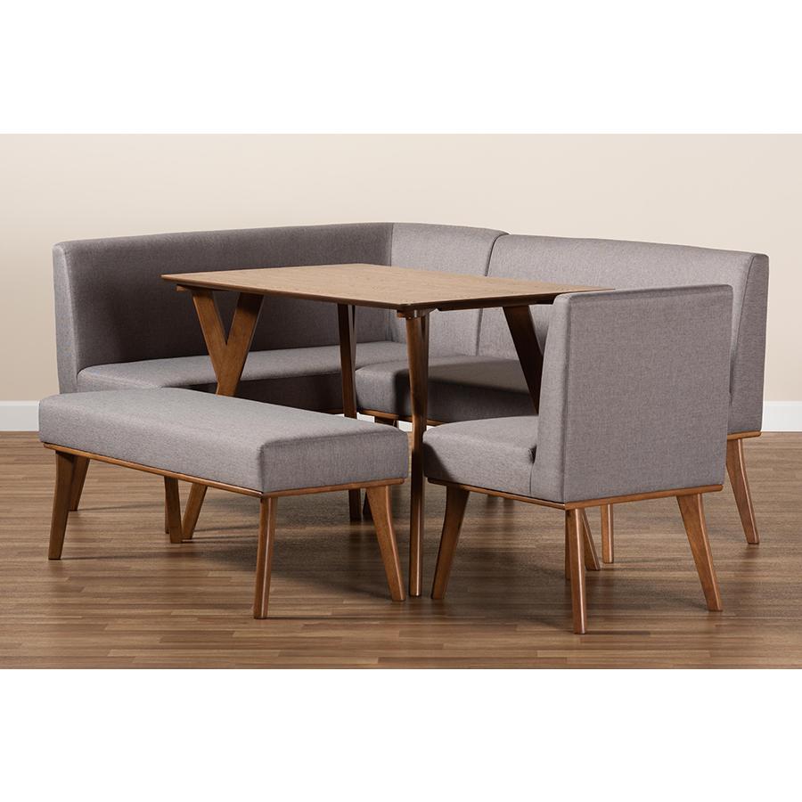 Grey Fabric Upholstered and Walnut Brown Finished Wood 5-Piece Dining Nook Set. Picture 11