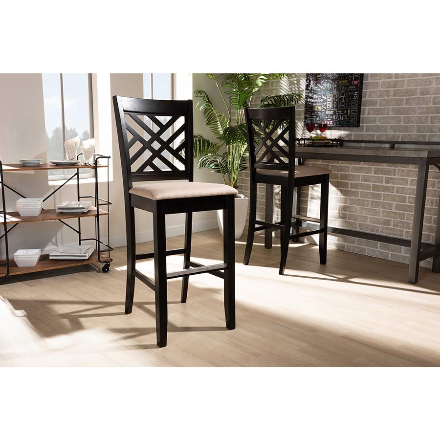 Sand Fabric Upholstered and Espresso Brown Finished Wood 2-Piece Bar Stool Set. Picture 7