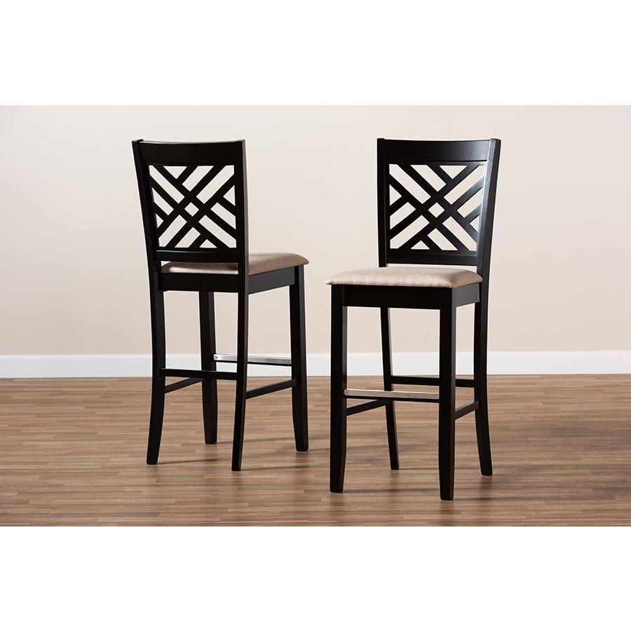 Sand Fabric Upholstered and Espresso Brown Finished Wood 2-Piece Bar Stool Set. Picture 8