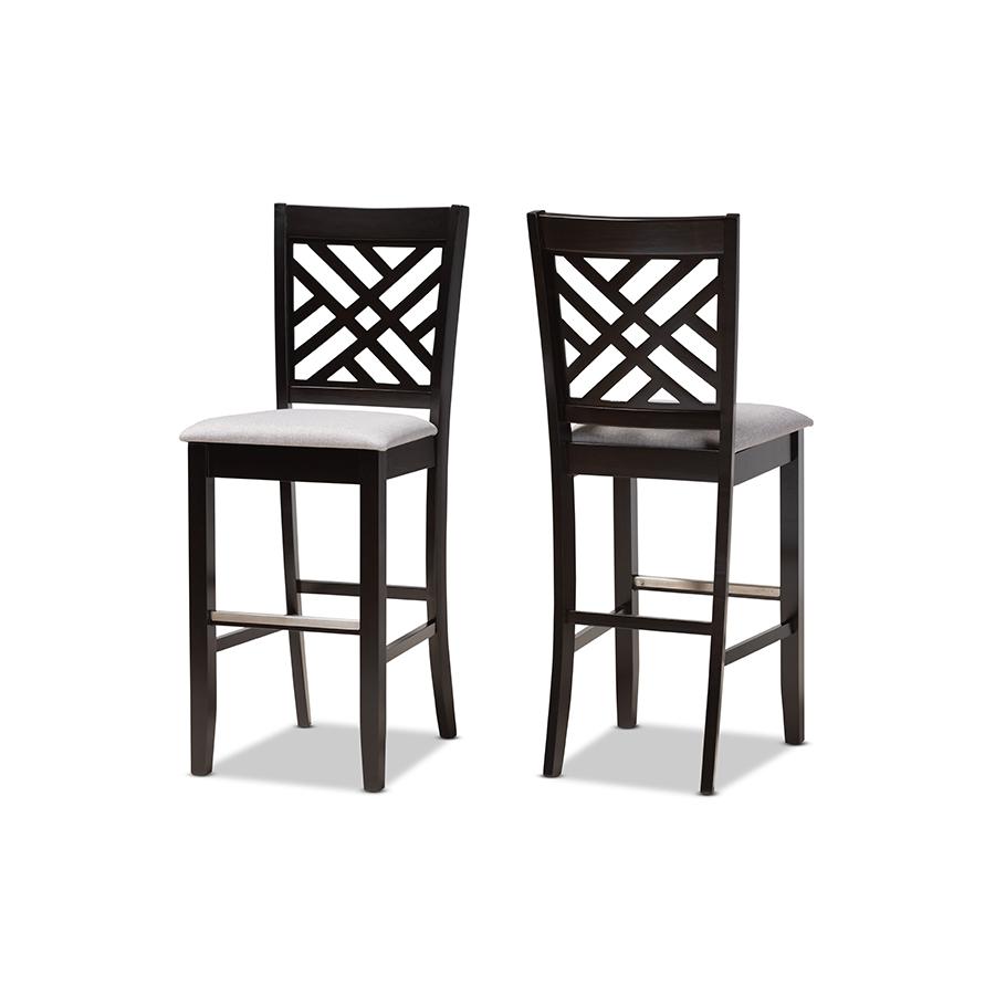 Grey Fabric Upholstered and Espresso Brown Finished Wood 2-Piece Bar Stool Set. Picture 1