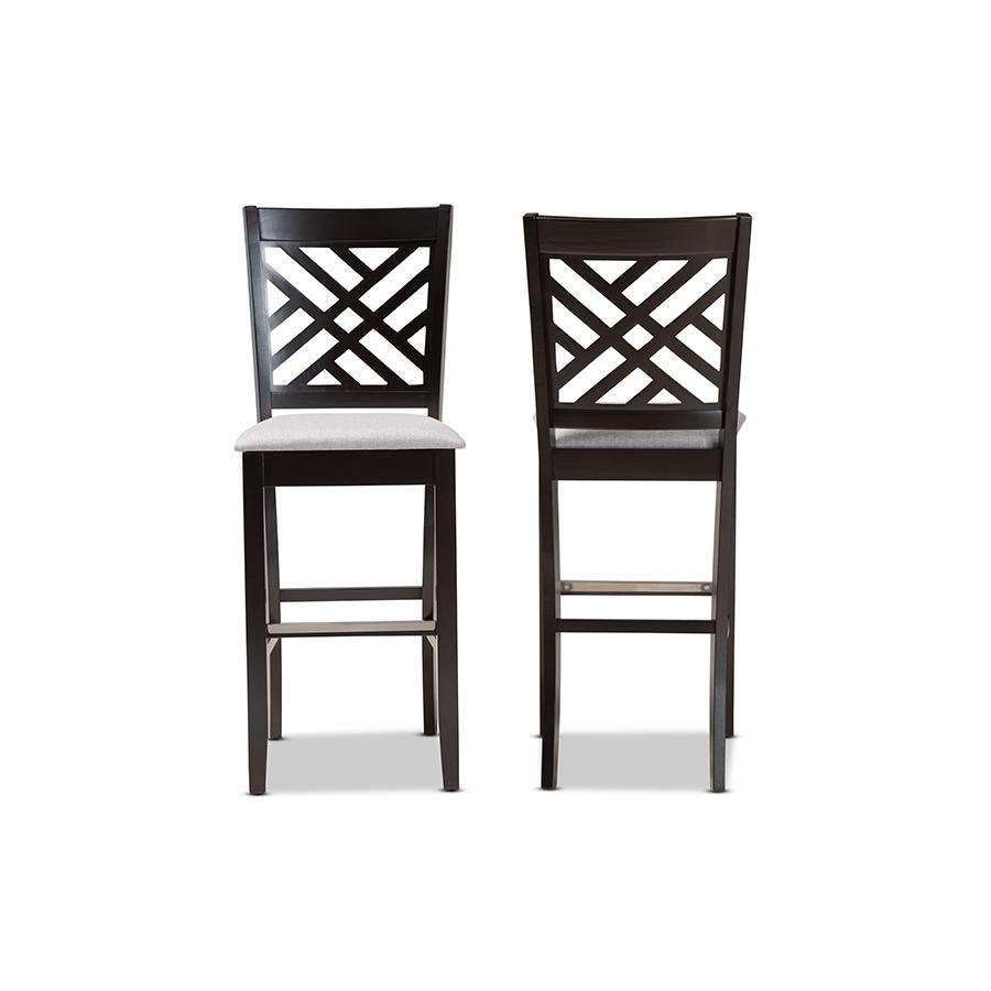 Grey Fabric Upholstered and Espresso Brown Finished Wood 2-Piece Bar Stool Set. Picture 2