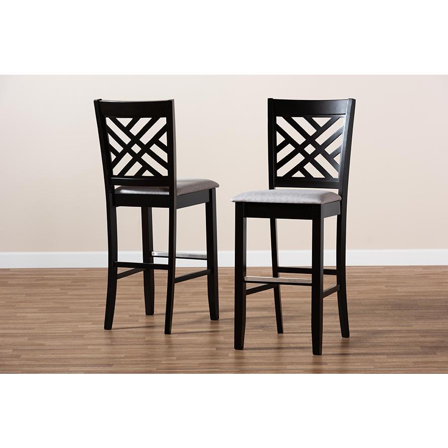 Grey Fabric Upholstered and Espresso Brown Finished Wood 2-Piece Bar Stool Set. Picture 8