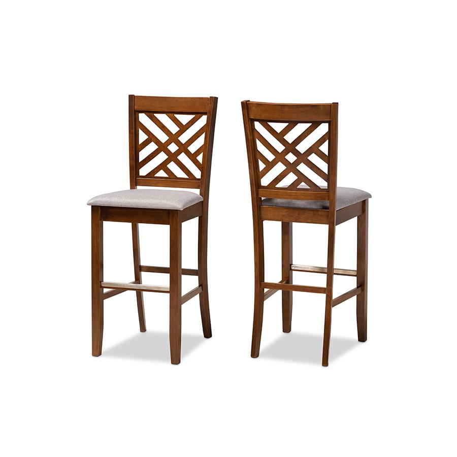 Grey Fabric Upholstered and Walnut Brown Finished Wood 2-Piece Bar Stool Set. Picture 1