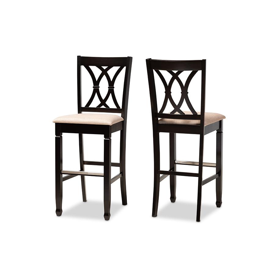 Sand Fabric Upholstered and Espresso Brown Finished Wood 2-Piece Bar Stool Set. Picture 1