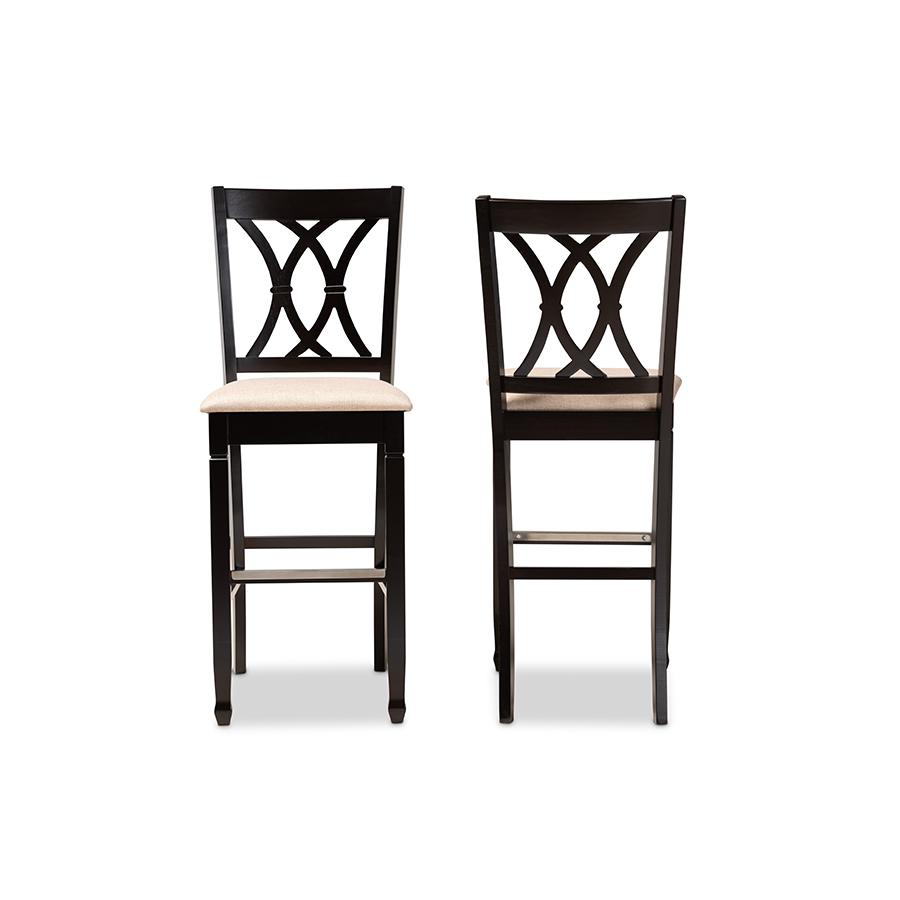 Sand Fabric Upholstered and Espresso Brown Finished Wood 2-Piece Bar Stool Set. Picture 2