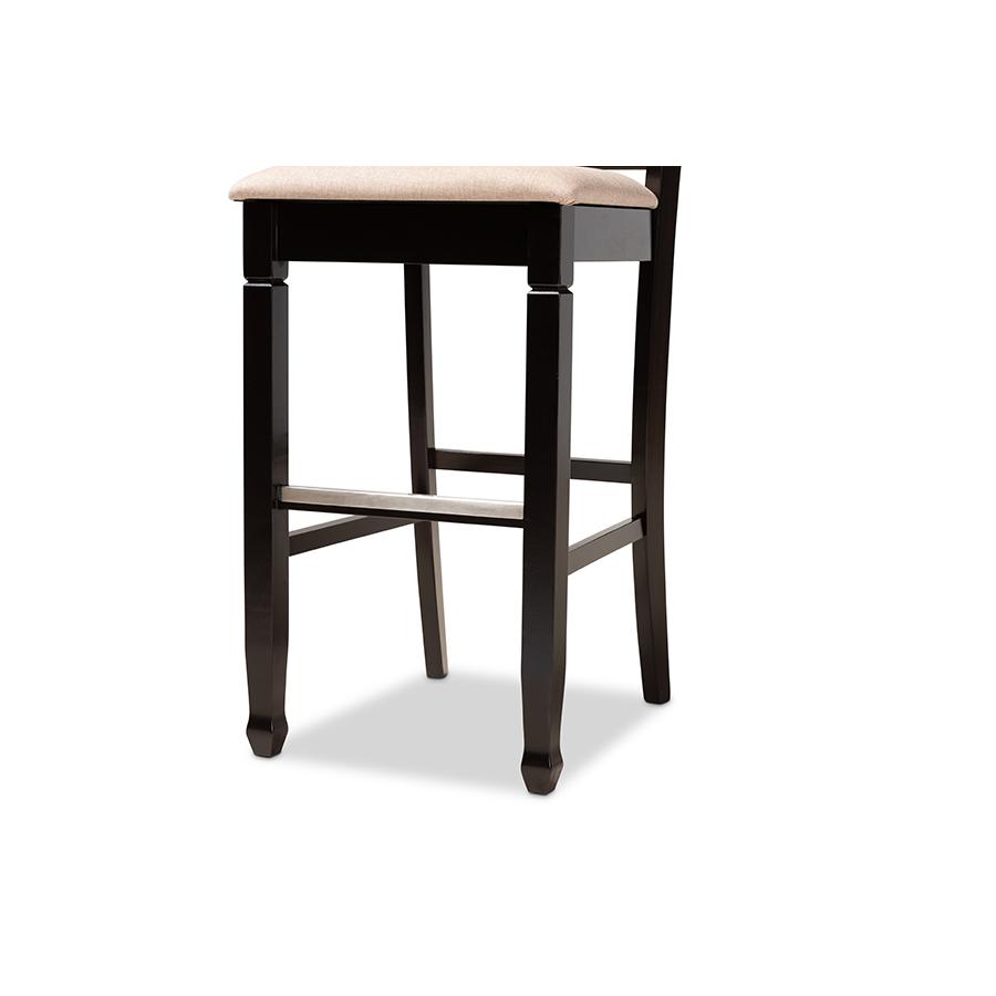 Sand Fabric Upholstered and Espresso Brown Finished Wood 2-Piece Bar Stool Set. Picture 6