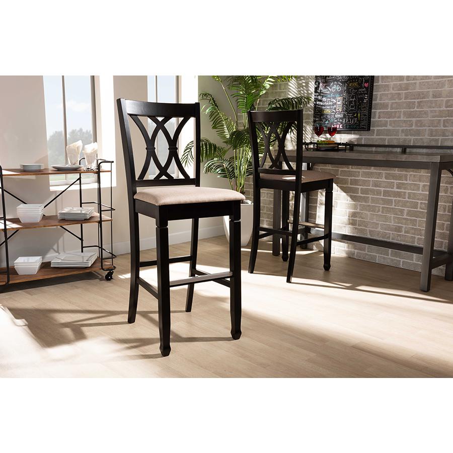 Sand Fabric Upholstered and Espresso Brown Finished Wood 2-Piece Bar Stool Set. Picture 7