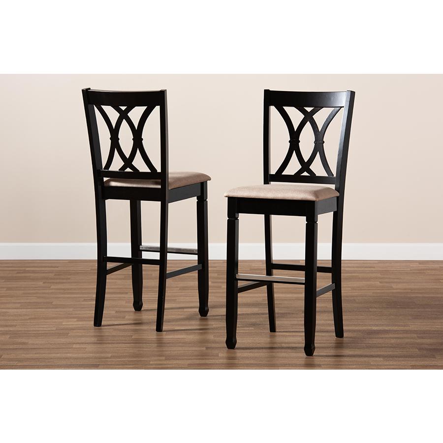 Sand Fabric Upholstered and Espresso Brown Finished Wood 2-Piece Bar Stool Set. Picture 8