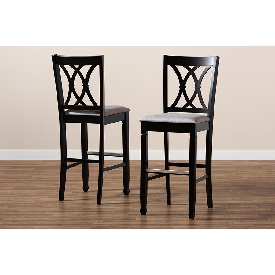 Grey Fabric Upholstered and Espresso Brown Finished Wood 2-Piece Bar Stool Set. Picture 8