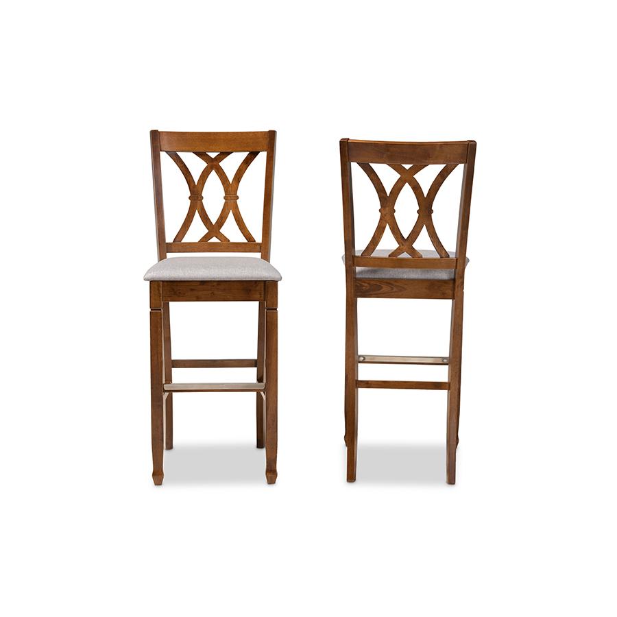 Grey Fabric Upholstered and Walnut Brown Finished Wood 2-Piece Bar Stool Set. Picture 2