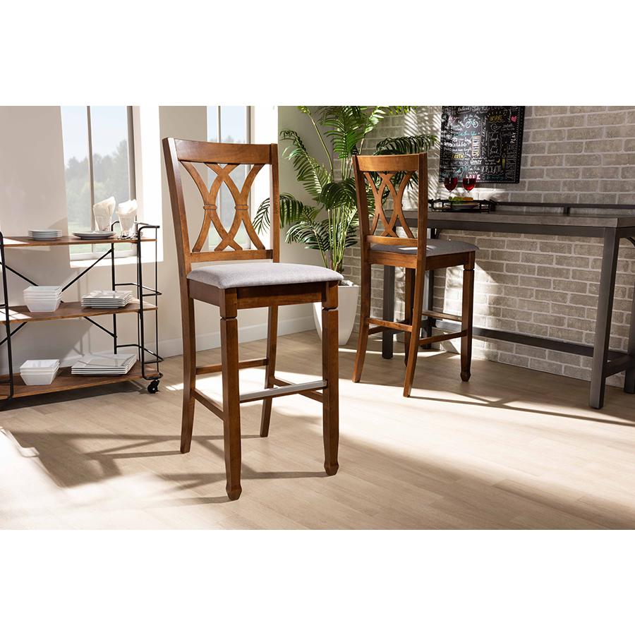 Grey Fabric Upholstered and Walnut Brown Finished Wood 2-Piece Bar Stool Set. Picture 7