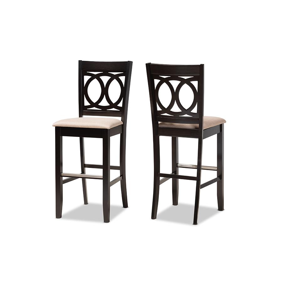 Sand Fabric Upholstered and Espresso Brown Finished Wood 2-Piece Bar Stool Set. Picture 1
