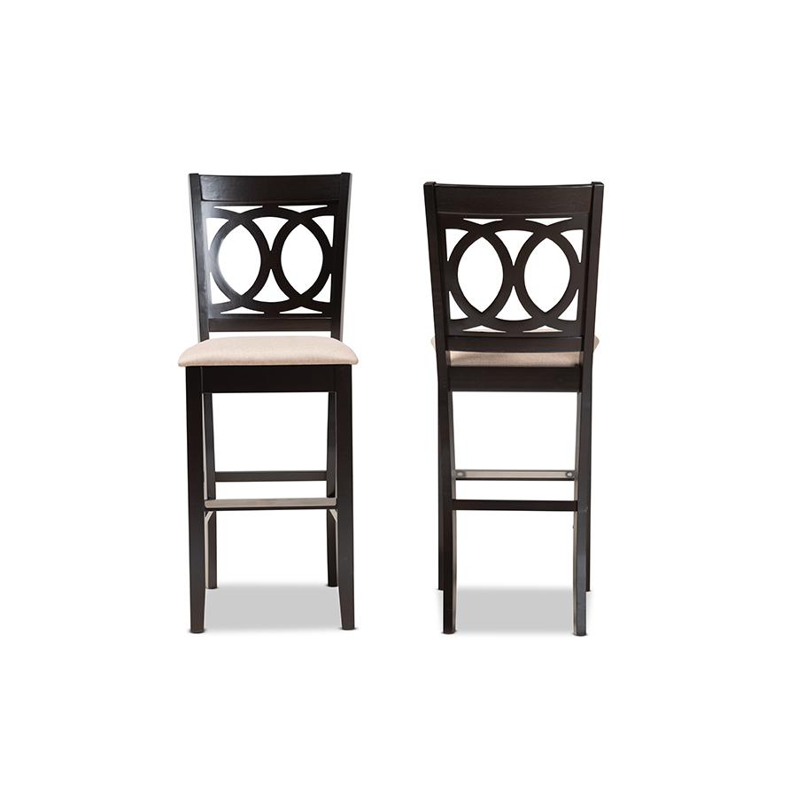 Sand Fabric Upholstered and Espresso Brown Finished Wood 2-Piece Bar Stool Set. Picture 2